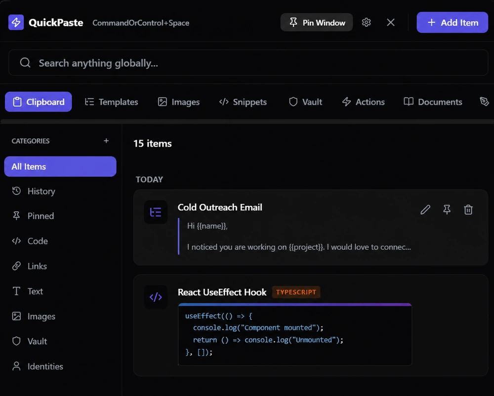 QuickPaste main window with global search, categories and clipboard history