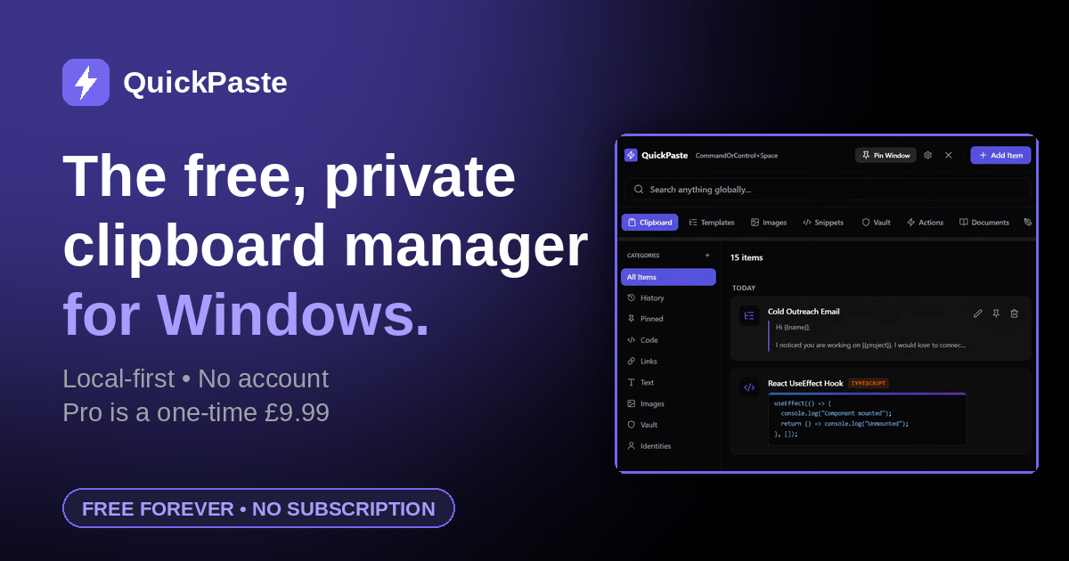 QuickPaste — a searchable Windows clipboard workspace